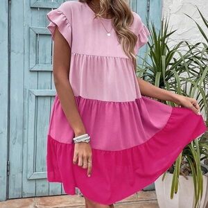 NWT Colorblock Flounce Sleeve Ruffle Hem Pink Dress